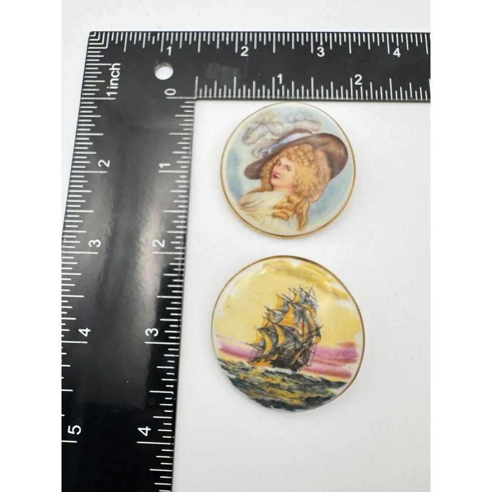 Vintage Portrait Ship Brooch Pair